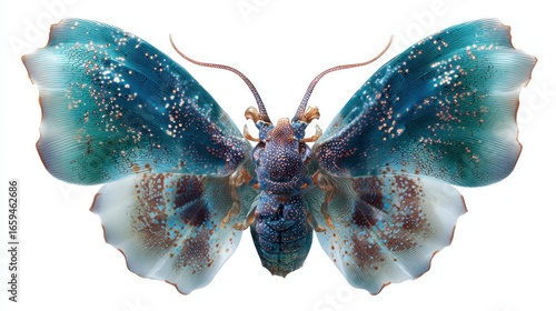 A detailed, top-down studio shot of a beautiful blue-green butterfly with speckled wings and a dark body on a white background.