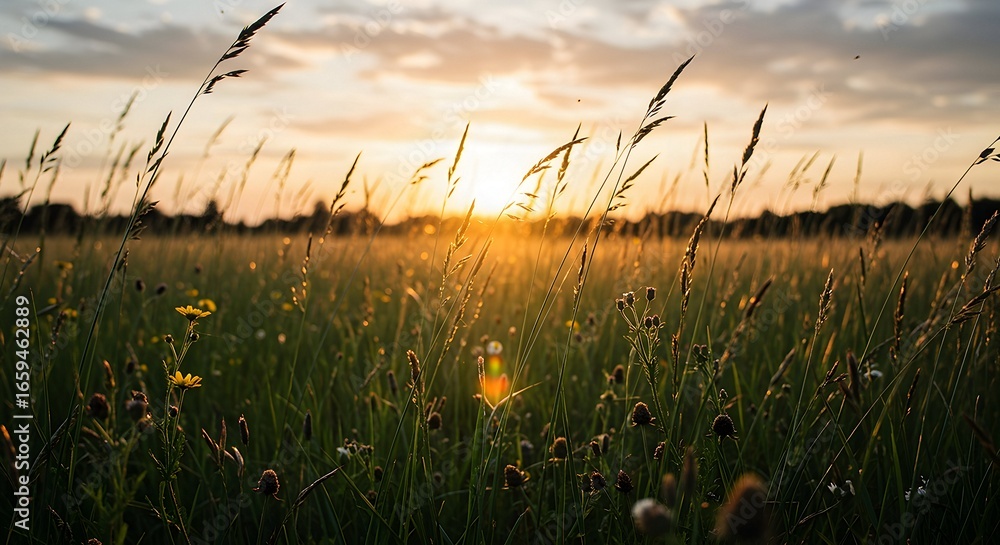 Fototapeta premium Meadow Grass at Sunset with Warm Light and Cloudy Sky