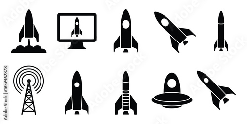 Vector art of collection of rocket and spaceship icons, symbolizing space exploration, technological advancement, and futuristic innovation with antenna and ufo