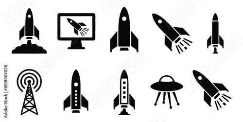 Vector art of set of rocket and spaceship icons, representing space exploration, technology, and future innovation with antenna and ufo included