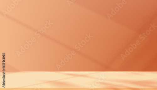 Warm autumn orange background with soft sunlight, shadow leaf effect on empty yellow table top,Vector concept banner for seasonal banners, fall product mockup, Thanksgiving ads, cozy branding design
