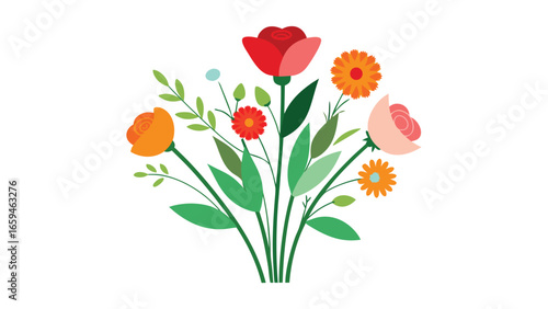 Vector art of a vibrant flat illustration of a colorful bouquet of flowers with green leaves.