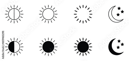 Vector art of day and night mode icons, featuring sun, moon, and stars, representing light and dark themes for user interface design and customization