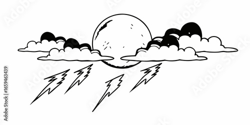 Illustration of a full moon obscured by cartoon clouds with lightning bolts falling from the sky design on transparent background