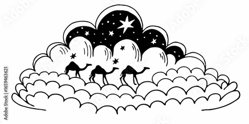 Three camels silhouetted against a starry night sky and cloudscape in a whimsical illustration on transparent background