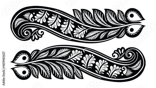 Vector art of intricate vintage ornamental scrollwork with detailed leaves and floral motifs.