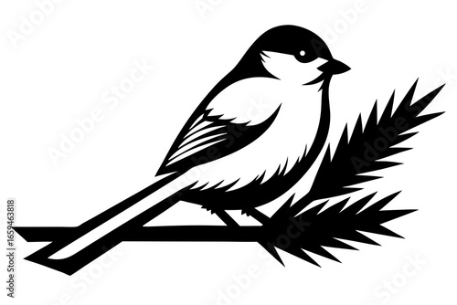 Canada jay perched on pine twig badge silhouette illustration 