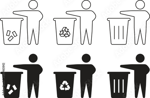 Man throw in garbage icons set in flat and line styles. Collection and group of waste disposal, trash bin, recycle, litter, clean environment, and ecology care symbols. Vector illustration.