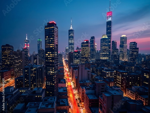 Aerial view modern city skyline with skyscrapers at night