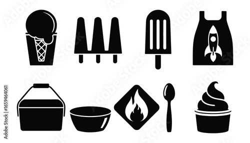 Illustration of ice cream in a bucket, popsicles, a rocket apron, a bucket, a bowl, a flame, a spoon, and soft serve ice cream