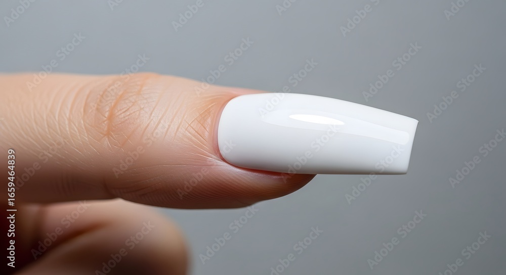 Closeup of a perfectly shaped white coffinshaped fingernail, showcasing a clean and glossy manicure, a symbol of beauty and personal care Closeup of a perfectly shaped white coffinshaped fingernail, showcasing a clean and glossy manicure, a symbol of beauty and personal care