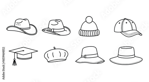 Vector art of a collection of various hat styles, including cowboy, fedora, beanie, baseball cap, graduation cap, beret, sunhat, and cloche