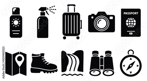 Vector art of a collection of travel essentials, including sunscreen, spray, suitcase, camera, passport, map, boot, waterfall, binoculars, and compass