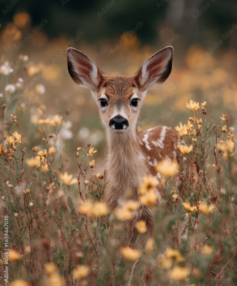 Fototapeta premium photograph, cute baby deer in a spring wild flowers field, looking to the camera