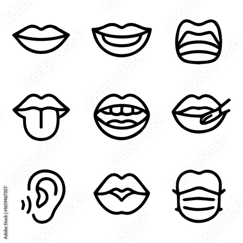 Black outline icons of lips tongue ear and mouth with dental tool.