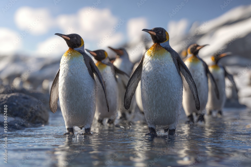 Fototapeta premium A group of regal penguins stands in the shallow water, their black and white plumage contrasting against the pale sky and icy landscape.
