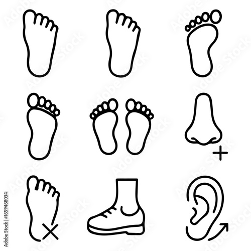 Collection of Line Art Icons Depicting Feet Nose and Ear.