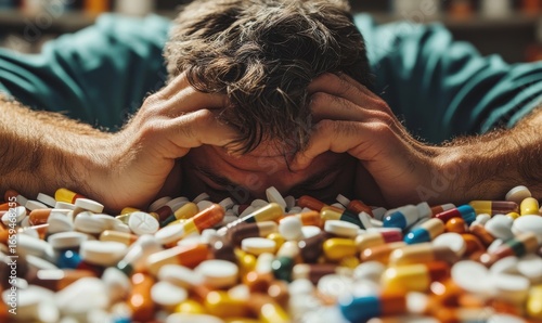 Individual overwhelmed by a sea of prescription pills, depicting the emotional struggle and desperation of overcoming drug addiction and substance abuse challenges, Generative AI