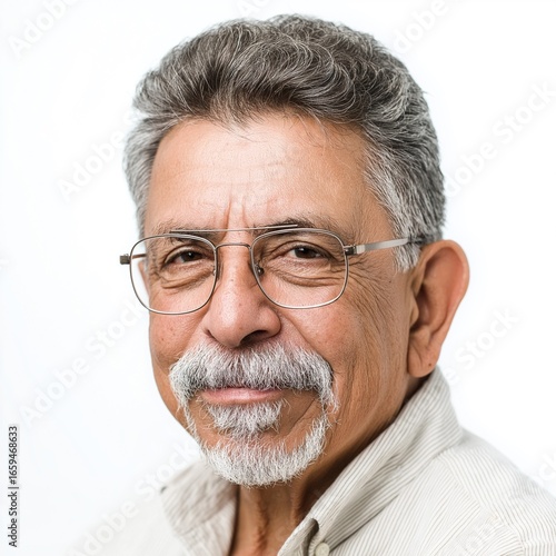 Elderly Man Portrait: Smiling, Confident, and Experienced in Studio Shot - Retired Senior Citizen with Gray Hair, Glasses, and Warm Smile on White Background