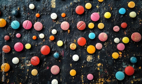 Visual representation of the opioid epidemic, featuring prescription pills, medicine capsules, and tablets scattered across a surface, symbolizing the ongoing challenge opioid addiction, Generative AI
