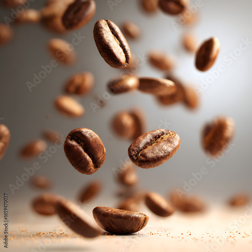 Close up of roasted coffee beans frozen in mid air as they fall creating a dynamic and energetic composition