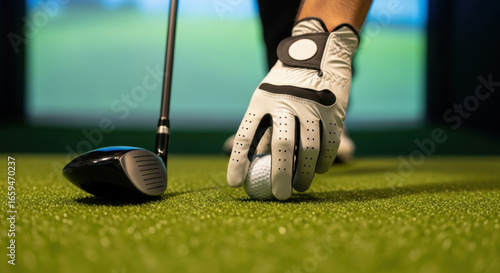 Golfer placing a golf ball on the teeing ground before swinging with driver