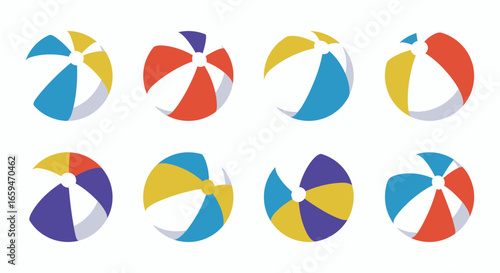 Colorful beach balls in various patterns on white background