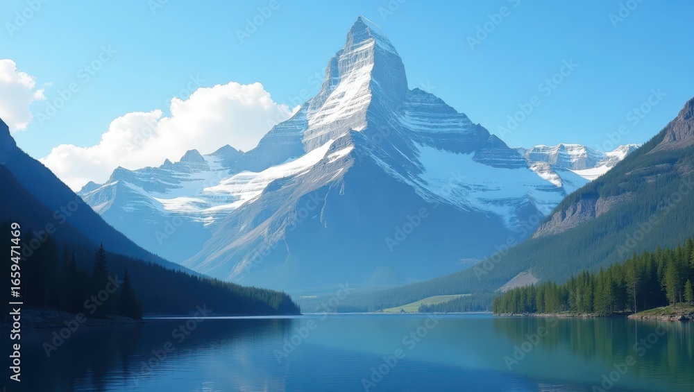 Naklejka premium A serene mountain lake landscape showcases a majestic snow-capped peak reflecting on the tranquil water's surface, highlighted by a vibrant blue sky and dark forest lining the shore.