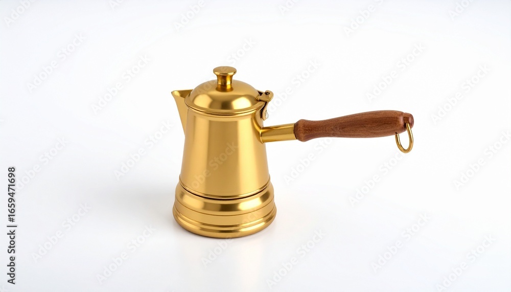 Golden brew — reflective coffee pot with wooden handle on white, poised in quiet elegance. Golden brew — reflective coffee pot with wooden handle on white, poised in quiet elegance.