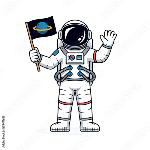 Friendly astronaut waving holding a planet flag space exploration adventure