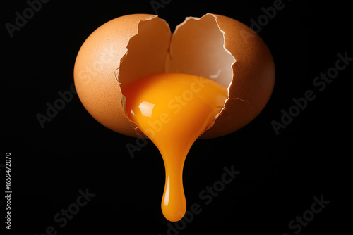 Cracked Egg with Dripping Yolk Against Dark Background: A Culinary Image