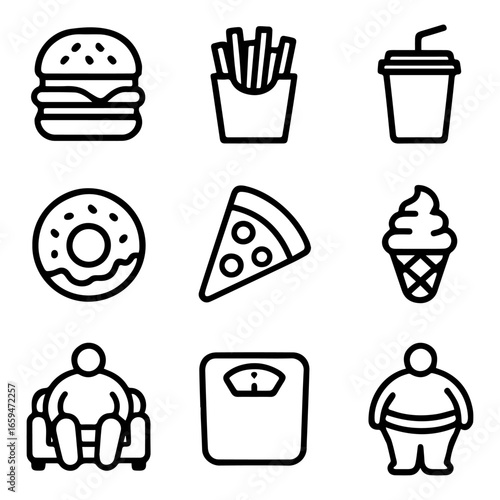 Unhealthy lifestyle icons Burger fries soda donut pizza ice cream scale obese people.