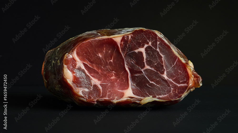 Fototapeta premium Domestic pork ham exposed for sale. a piece of cured pork ham with thin layers of lard on the table.
