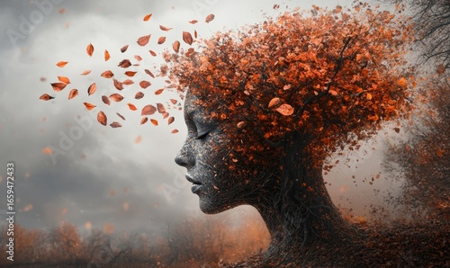 Evocative image representing mental health issues, portraying a person with a tree growing from their head, each leaf symbolizing a thought or emotion, Generative AI