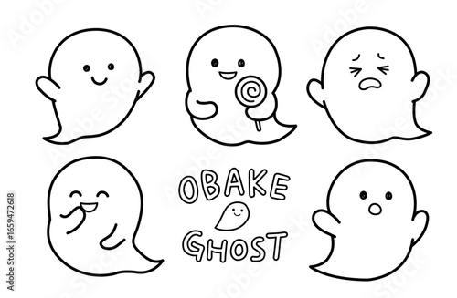 Hand Drawn Ghost Character Icons – Black and White Halloween Clipart