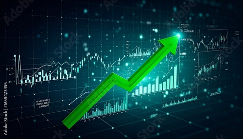 Upward surge — green arrow over financial charts signaling market growth