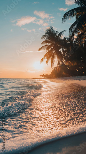 Beautiful Tropical Beach with Sunset and Palm Trees by Ocean Waves Background,generative ai