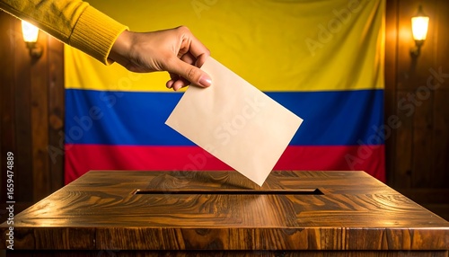 A hand inserts a ballot into a wooden box