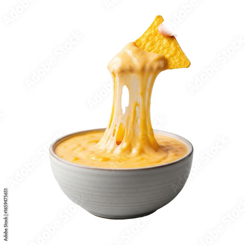 A rustic white bowl of warm, gooey golden-yellow queso dip, with a tortilla chip pulling a long, elastic cheese pull, against a soft gray studio background with bokeh, appetizing snack concept