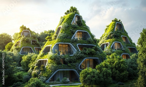 Imaginative representation of a sustainable city, featuring green roofs and vertical gardens, promoting eco-friendly architectural solutions and urban greening, Generative AI