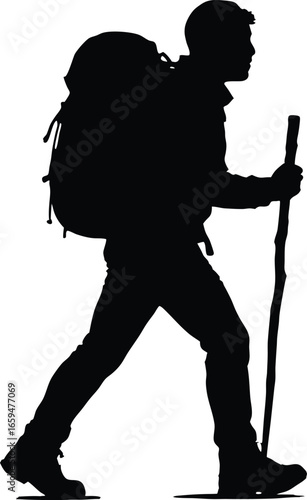 Silhouette of a hiker walking with backpack and trekking pole