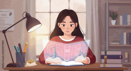 Young Woman Studies with Futuristic Hologram Notebook at Desk
