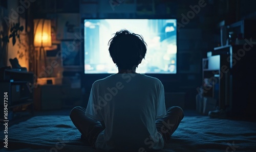 Concept of gaming addiction, featuring a boy sitting in a dark room, lit only by the glow of a screen, symbolizing the immersive nature of excessive gaming and its potential risks, Generative AI
