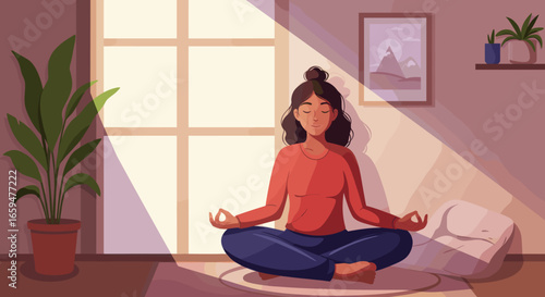 Young Woman Practices Meditation at Home in Morning Light"
