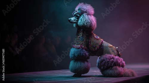 A well-groomed poodle stands regally, adorned in a bedazzled vest. The dog's fluffy pompoms and overall style suggest a show or performance.