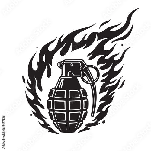 Artistic black and white illustration of a grenade surrounded by fiery flames