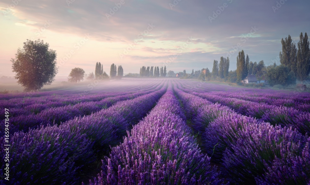 Obraz premium Lavender field at dawn with mist