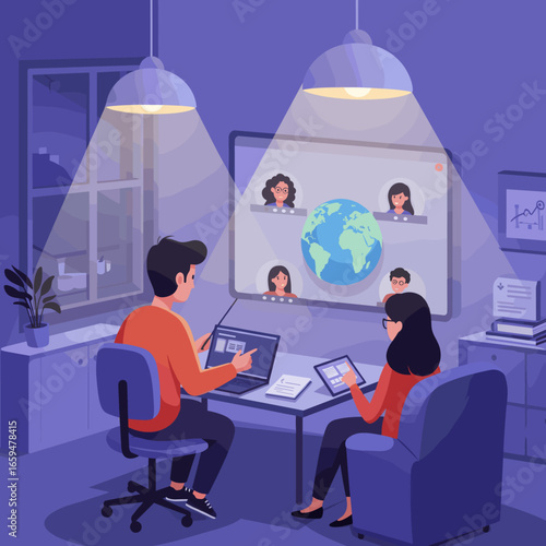 Man and Woman Attend Virtual Global Meeting with Video Conference