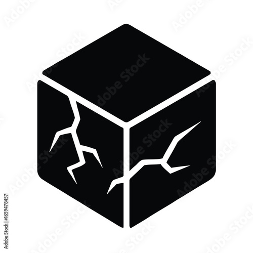 Black Cracked Cube Icon With Shattered Effect On White Background geometric shape