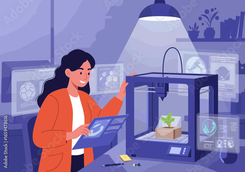 Young Woman Operates 3D Printer to Create Digital Model